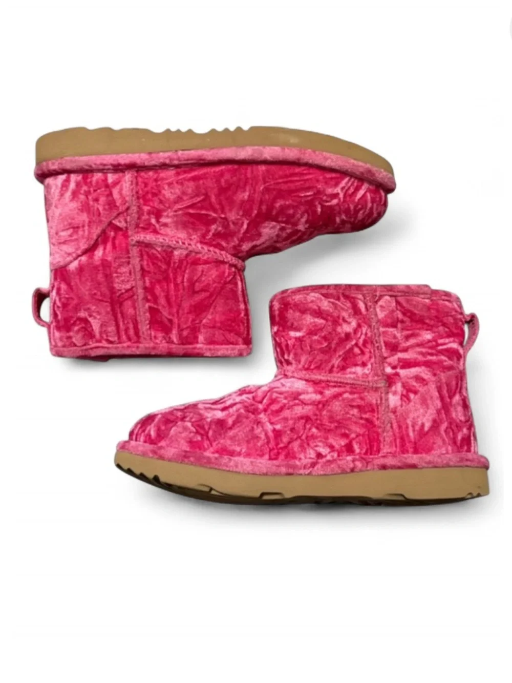 UGG Kids Classic Mini II Crushed Velvet Ankle Boots in Raspberry Sorbet